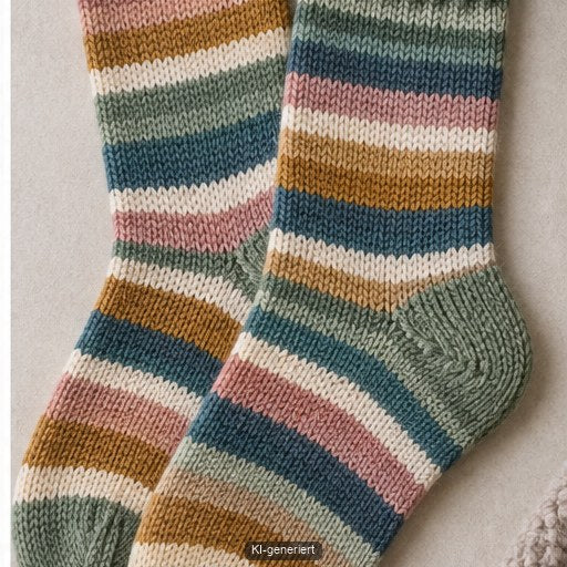 Zwei unterschiedliche, aber farblich verbundene Restesocken mit gleichen Akzenten
