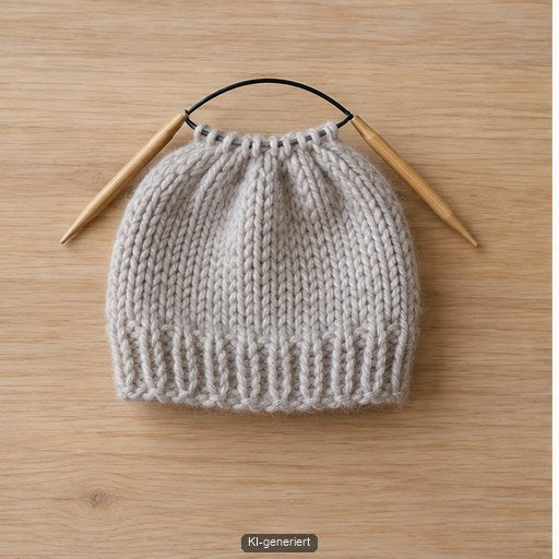 Kurze Rundstricknadel beim Stricken einer Mütze