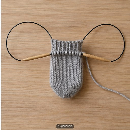 Langes Nadelseil mit Magic-Loop-Schlaufen an einem kleinen Strickstück