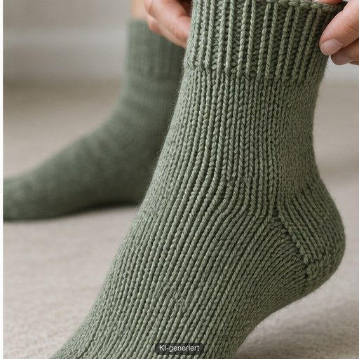 Handgestrickte Socke wird am Erwachsenenfuß auf Länge und Sitz geprüft