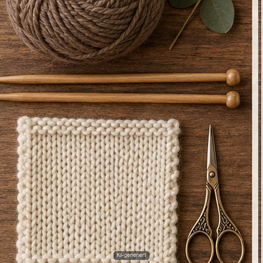 Garn, Stricknadeln und Maschenprobe zur Materialplanung