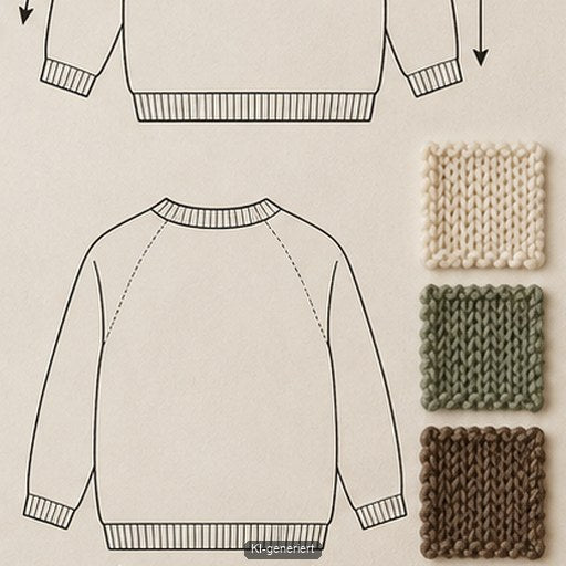 Pullover-Schema mit Maßpfeilen und mehreren Maschenproben