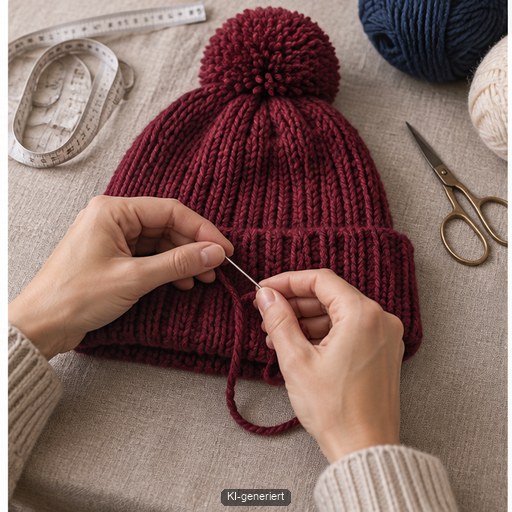 Fertige gestrickte Mütze wird ausgemessen und sorgfältig vernäht