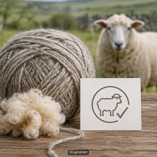 Wollgarn und Rohwolle veranschaulichen die Herkunfts- und Tierwohlperspektive bei Schurwolle