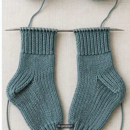 Zwei gleichzeitig gestrickte Socken wachsen gleichmäßig nebeneinander