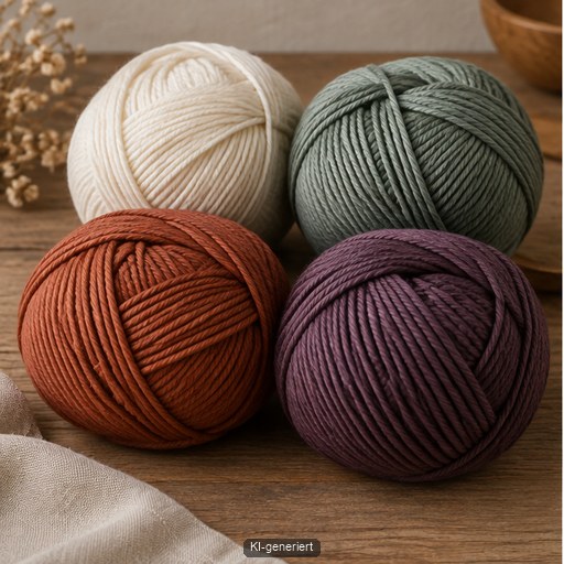 Unetikettierte einfarbige Garnknäuel in Creme Salbei Rost und Pflaume liegen mit ruhigen Strickproben auf einem Holztisch