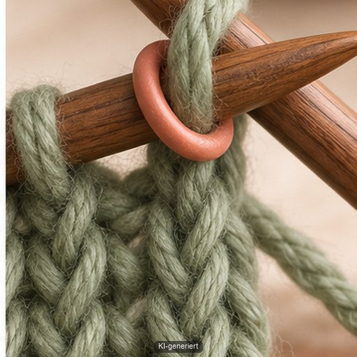 Eine Masche wird vor dem Abstricken korrekt auf der Stricknadel ausgerichtet