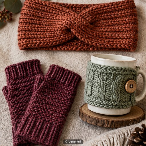Stirnband, Handstulpen und Tassenwärmer als kompakte Wollgeschenke