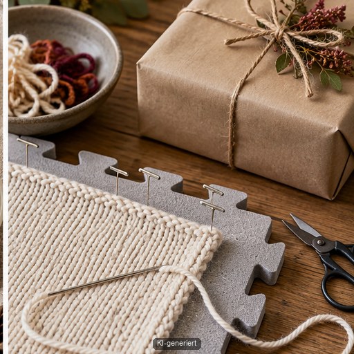 Gestricktes Geschenk wird gespannt und mit sauber vernähten Fäden vorbereitet