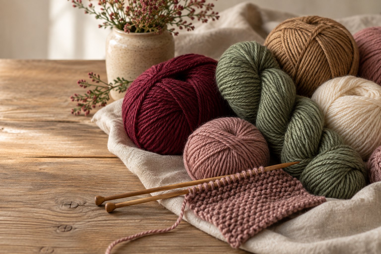Ausgewählte Wollknäuel in Beerenton, Salbeigrün und Naturfarben mit Stricknadeln