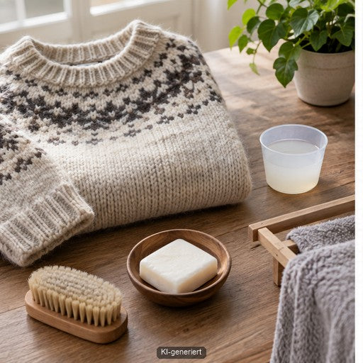Neutrale Schalen für Wollwaschmittel stehen neben einem handgestrickten Wollpullover und Pflegeutensilien, KI-generiert